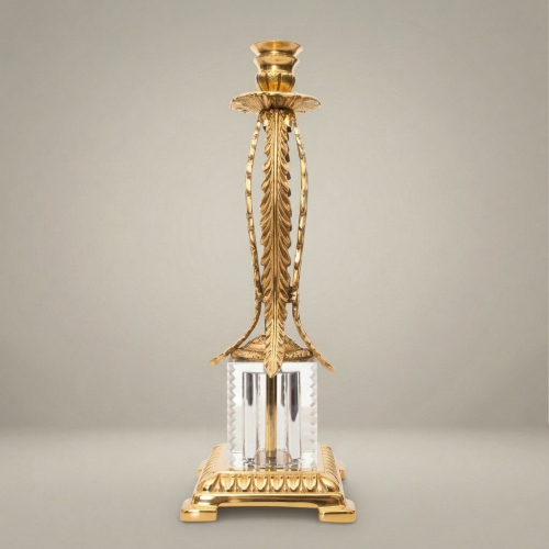 Empire Brass & Crystal Candlestick with Feather Palm Column and Egg-and-Dart Base