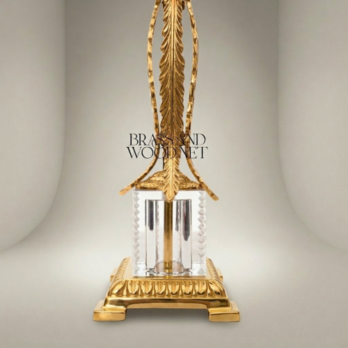 Empire Brass & Crystal Candlestick with Feather Palm Column and Egg-and-Dart Base