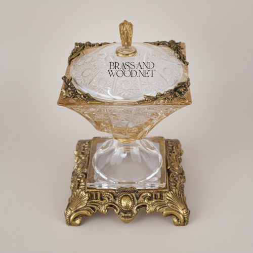 Empire Crystal Bonbonnière with Ornate Brass Base & Finial Lid