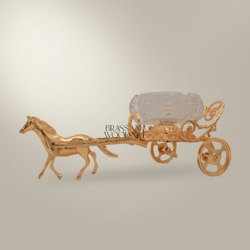 Empire Horse-Drawn Carriage Ashtray in Cast Brass with Crystal Bowl
