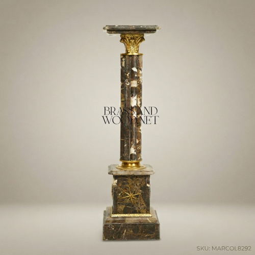 Empire Grey Marble Column Pedestal Gilt Bronze Corinthian Capital Star Medallion Brass & Wood Front View | Brass & Wood