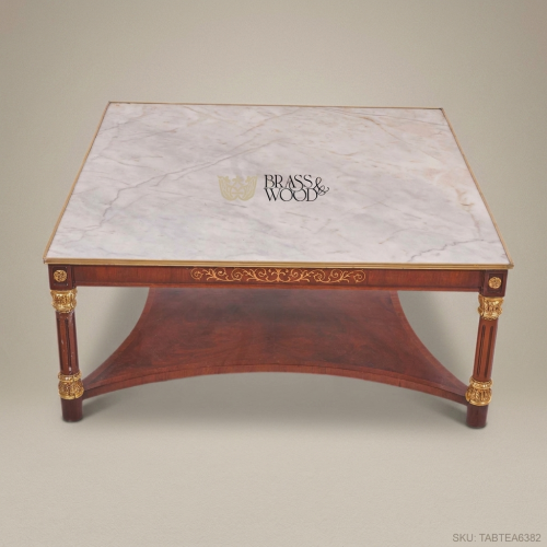 French Empire Neoclassical Coffee Table Calacatta Marble Top Mahogany Gilt Bronze Acanthus Columns Brass & Wood Front View | Brass & Wood