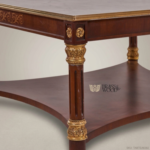 French Empire Neoclassical Coffee Table Calacatta Marble Top Mahogany Gilt Bronze Acanthus Columns Brass & Wood Front View | Brass & Wood