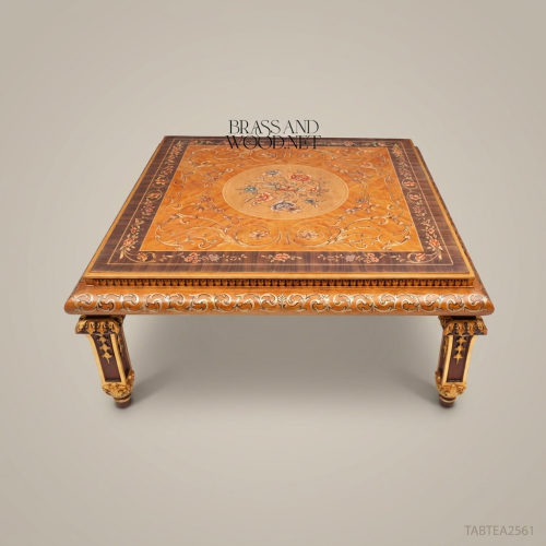 French Empire Marquetry Coffee Table Gold Leaf Carved Column Legs Floral Medallion Solid Wood Brass & Wood Front View | Brass & Wood