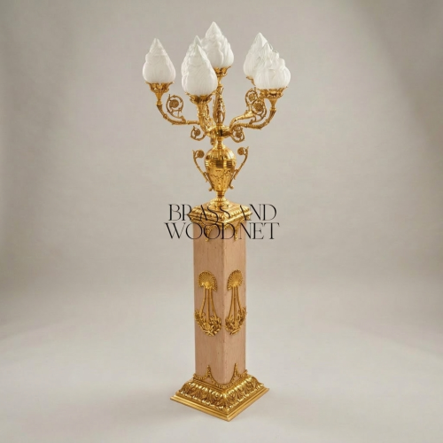 Empire Neoclassical 5-Arm Candelabra Floor Lamp Carved Wood Pedestal Brass Lyre Mounts Flame Glass Shades Gold Front | Brass & Wood