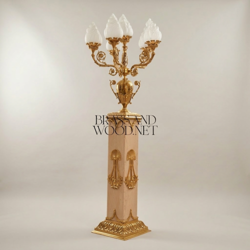 Empire Neoclassical 5-Arm Candelabra Floor Lamp Carved Wood Pedestal Brass Lyre Mounts Flame Glass Shades Gold Front | Brass & Wood