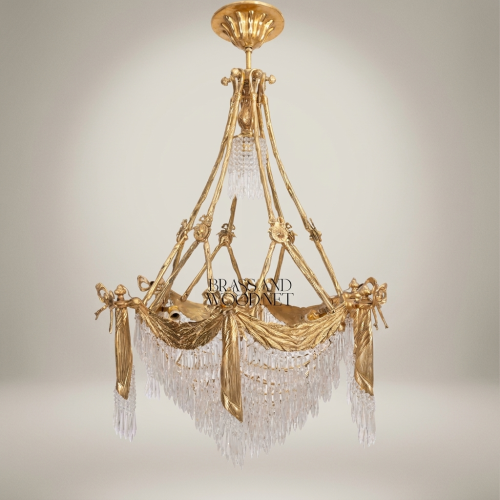 Empire Neoclassical Brass Crystal Tiered Chandelier with Draped Swag and Bow Mounts Gold Front | Brass & Wood