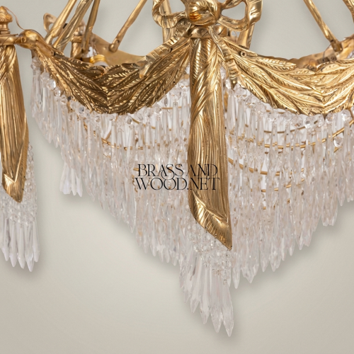Empire Neoclassical Brass Crystal Tiered Chandelier with Draped Swag and Bow Mounts Gold Front | Brass & Wood