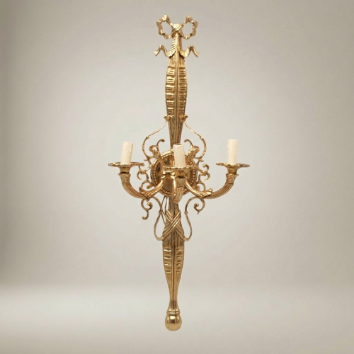 Empire Neoclassical 3-Arm Cast Brass Wall Sconce Torch Column Candelabra Scroll Detail Gold Front | Brass & Wood
