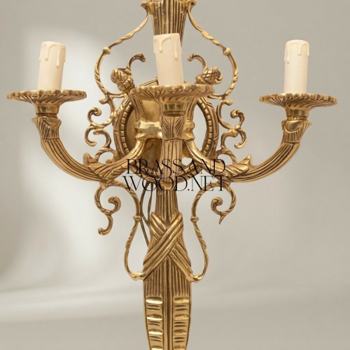Empire Neoclassical 3-Arm Cast Brass Wall Sconce Torch Column Candelabra Scroll Detail Gold Front | Brass & Wood
