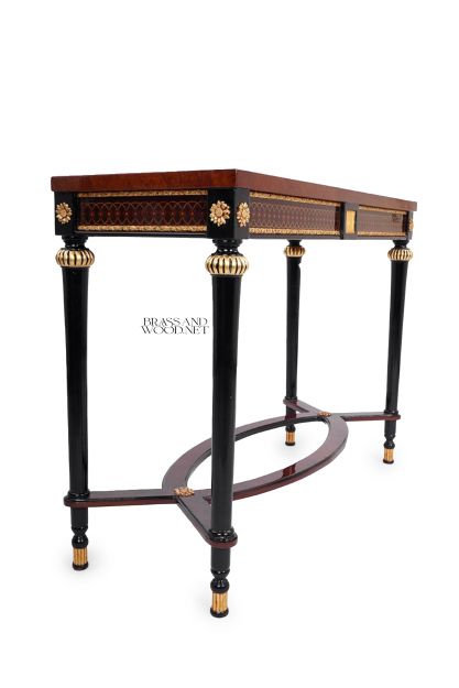 Empire Neoclassical Console Table Ebonised Solid Wood Burr Walnut Gold Leaf Brass Fittings Brass & Wood Front View | Brass & Wood