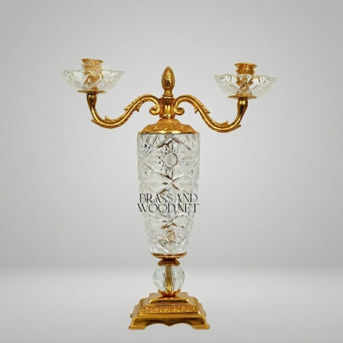 Empire Neoclassical Cut-Crystal & Brass Two-Arm Candelabra with Pineapple Finial