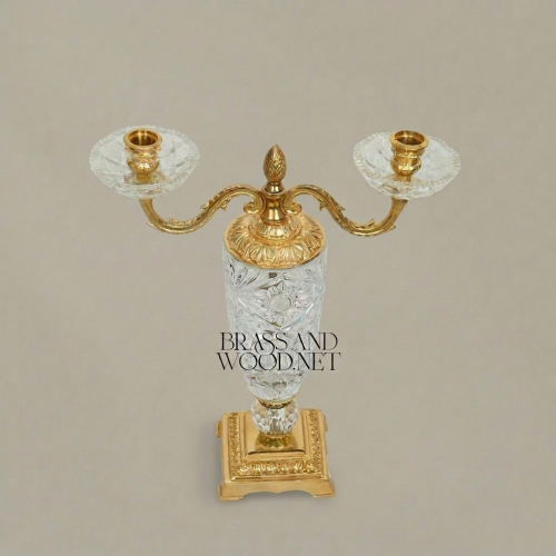 Empire Neoclassical Cut-Crystal & Brass Two-Arm Candelabra with Pineapple Finial