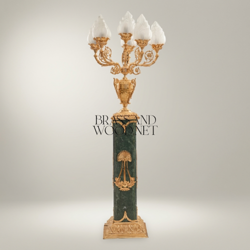 Empire Neoclassical Five-Arm Candelabra Floor Lamp Green Marble Column Ormolu Brass Flame Shades Brass and Wood Gold Front | Brass & Wood