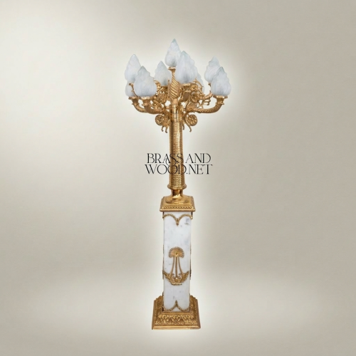 Empire Neoclassical Six-Arm Floor Lamp Alabaster Column Frosted Flame Glass Shades Brass Brass and Wood Gold Front | Brass & Wood