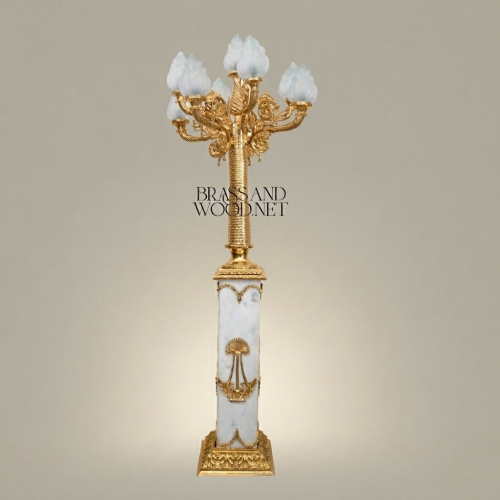 Empire Neoclassical Six-Arm Floor Lamp Alabaster Column Frosted Flame Glass Shades Brass Brass and Wood Gold Front | Brass & Wood