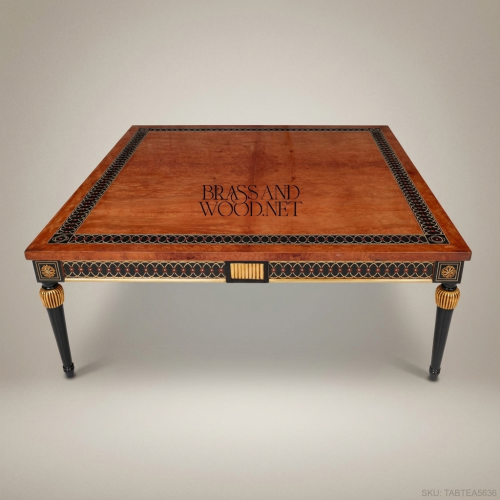 Empire Neoclassical Tea Table Amboyna Burl Ebonised Gold Leaf Brass Inlay Gilded Reeded Legs Brass and Wood Front View | Brass & Wood