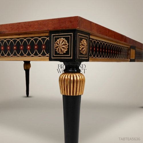 Empire Neoclassical Tea Table Amboyna Burl Ebonised Gold Leaf Brass Inlay Gilded Reeded Legs Brass and Wood Front View | Brass & Wood