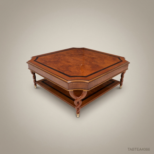French Empire Octagonal Coffee Table Burl Walnut Veneer Barley-Twist Legs Brass Feet Lower Shelf Brass & Wood Front View | Brass & Wood