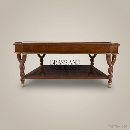 French Empire Octagonal Coffee Table Burl Walnut Veneer Barley-Twist Legs Brass Feet Lower Shelf Brass & Wood Front View | Brass & Wood