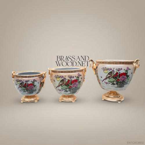 Empire Chinoiserie Porcelain Cachepot Gold Brass Handles Birds Peonies Brass & Wood Front View | Brass & Wood
