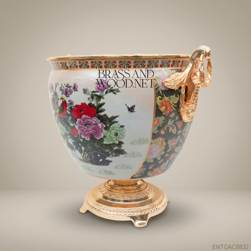 Empire Chinoiserie Porcelain Cachepot Gold Brass Handles Birds Peonies Brass & Wood Front View | Brass & Wood