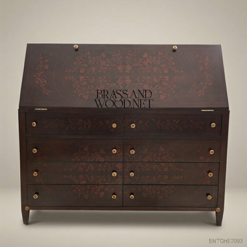 Empire Secretary Chest of Drawers – Dark Walnut with Floral Marquetry & Brass Hardware