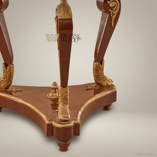 French Empire Swan Corner Table Gilt Bronze Mahogany Glass Top Brass & Wood Front View | Brass & Wood