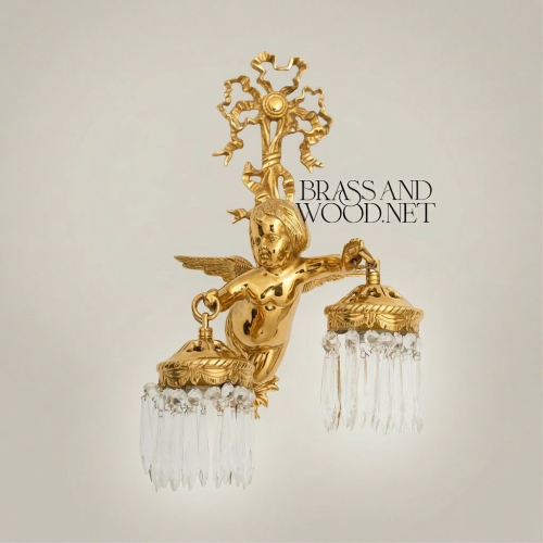 Empire Winged Cherub Brass Wall Sconce Double Arm Crystal Drops Brass and Wood Gold Front | Brass & Wood