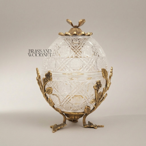 Fabergé-Inspired Crystal Egg Bonbonnière Floral Brass Stand Handcrafted Luxury Antique Front | Brass & Wood