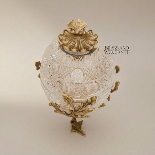 Fabergé-Inspired Crystal Egg Bonbonnière Floral Brass Stand Handcrafted Luxury Antique Front | Brass & Wood