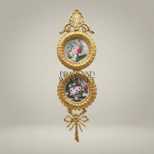 French Neoclassical Brass Double Medallion Wall Frame Floral Miniature Palmette Crown Bow Drop Brass and Wood Gold Front | Brass & Wood