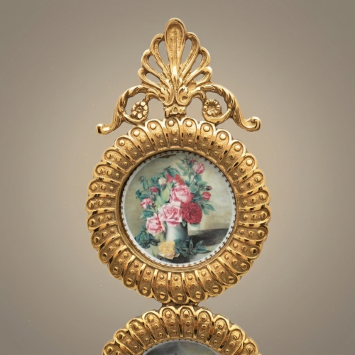 French Neoclassical Brass Double Medallion Wall Frame Floral Miniature Palmette Crown Bow Drop Brass and Wood Gold Front | Brass & Wood