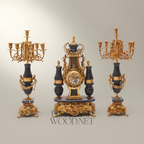 French Neoclassical Marble & Brass Mantel Clock Set with Lyre Motif and Twin Candelabras