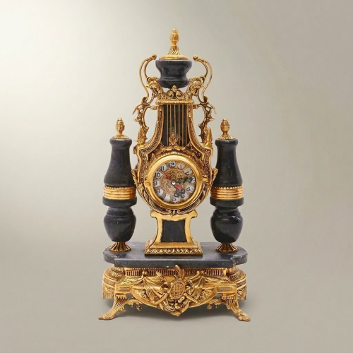 French Neoclassical Marble & Brass Mantel Clock Set with Lyre Motif and Twin Candelabras