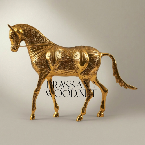 Handcrafted Brass Arabian Horse Sculpture with Islamic Engraved Body Brass and Wood Gold Front | Brass & Wood