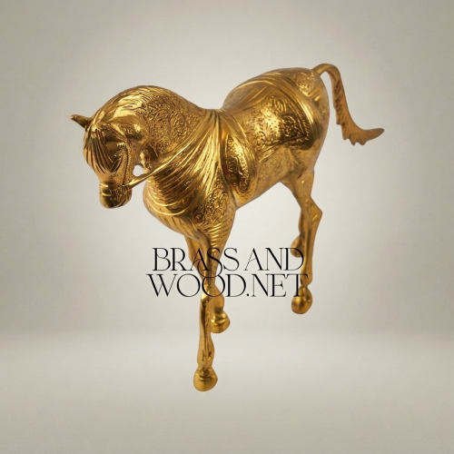 Handcrafted Brass Arabian Horse Sculpture with Islamic Engraved Body Brass and Wood Gold Front | Brass & Wood