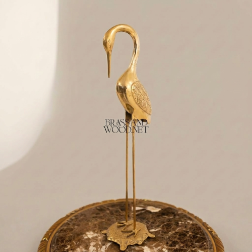 Handcrafted Brass Heron Sculpture on Ornate Pedestal Base
