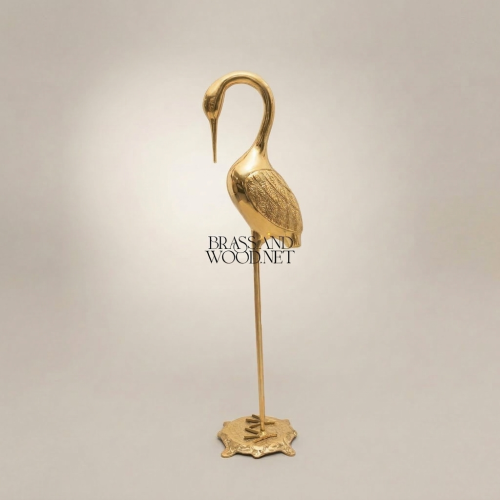 Handcrafted Brass Heron Sculpture on Ornate Pedestal Base