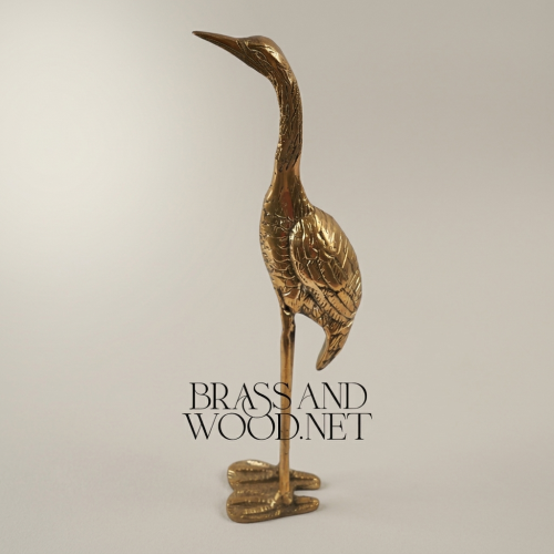 Handcrafted Brass Standing Heron Bird Sculpture Long-Legged Figurine Brass and Wood Gold Front | Brass & Wood