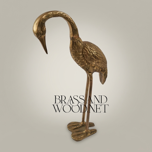 Handcrafted Brass Heron Standing Bird Sculpture with Engraved Plumage Brass and Wood Gold Front | Brass & Wood