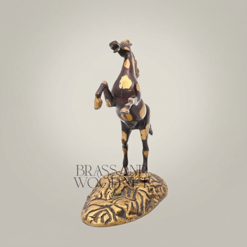 Handcrafted Brass Rearing Horse Sculpture on Ornate Floral Base