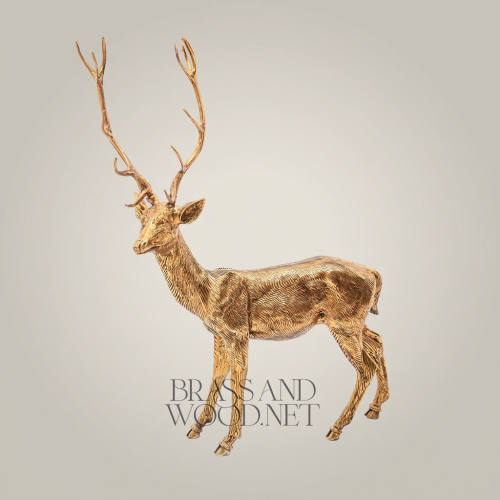 Handcrafted Brass Stag Sculpture - Full-Body Standing Deer with Engraved Fur Texture