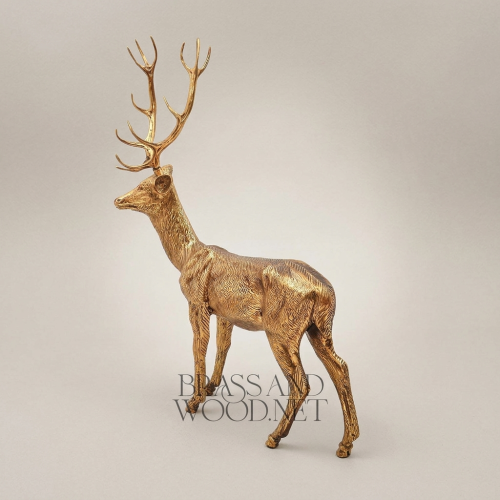 Handcrafted Brass Stag Sculpture - Full-Body Standing Deer with Engraved Fur Texture