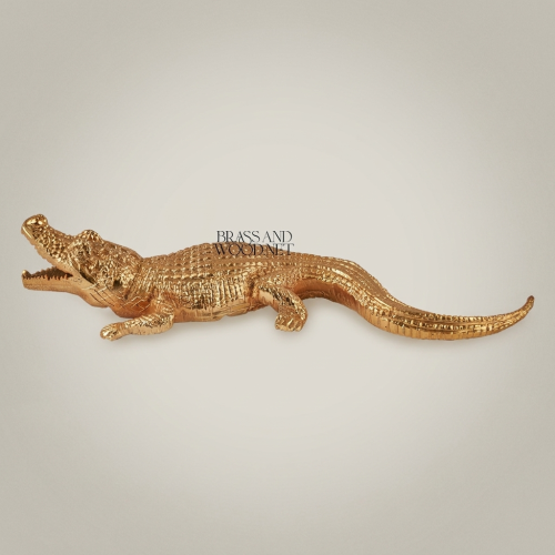 Handcrafted Full-Body Crocodile Decorative Sculpture Prowling Pose Brass and Wood Gold Front | Brass & Wood