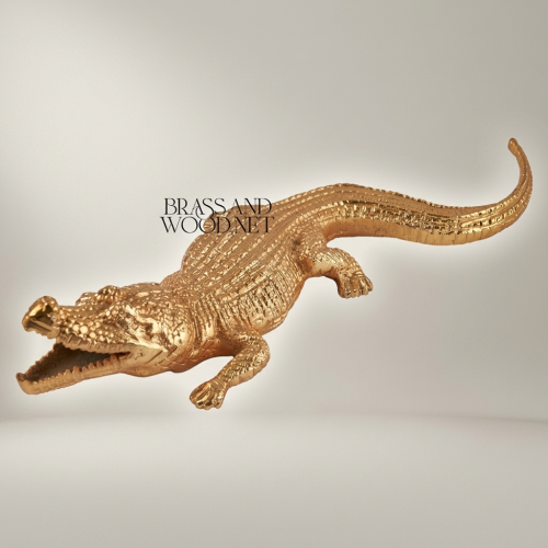 Handcrafted Full-Body Crocodile Decorative Sculpture Prowling Pose Brass and Wood Gold Front | Brass & Wood