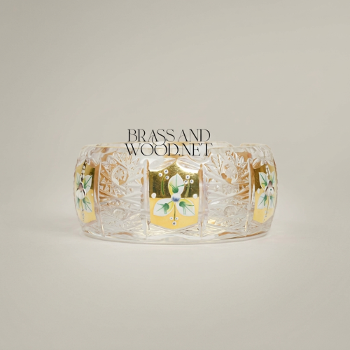 Handcrafted Crystal Ashtray with Metallic Accents and Floral Enamel Panels