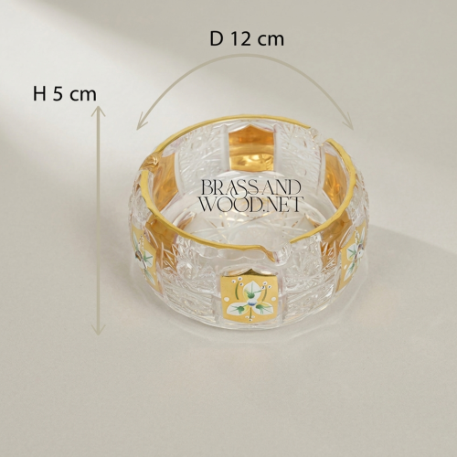 Handcrafted Crystal Ashtray with Metallic Accents and Floral Enamel Panels