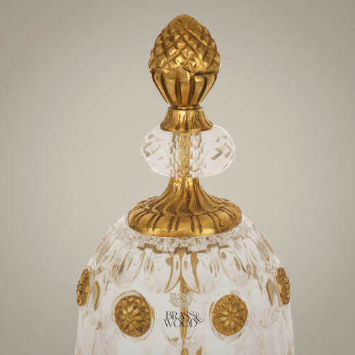 Imperial Egg-Shaped Crystal Brass Bonbonniere with Pinecone Finial and Floral Medallions on Ornate Brass Base Antique Front | Brass & Wood
