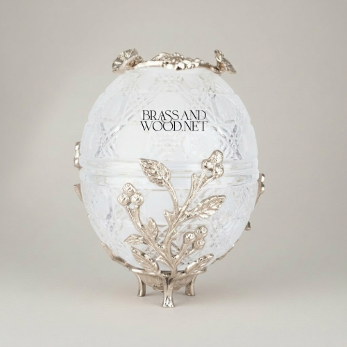 Imperial Fabergé-Inspired Crystal Egg Tissue Box with Botanical Metal Relief - Brass and Wood silver Front | Brass & Wood